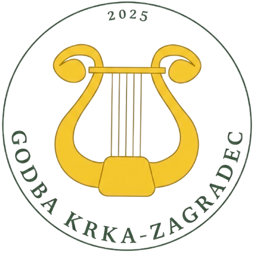 Logotip Godbe Krka–Zagradec: zlata lira v zelenem krogu